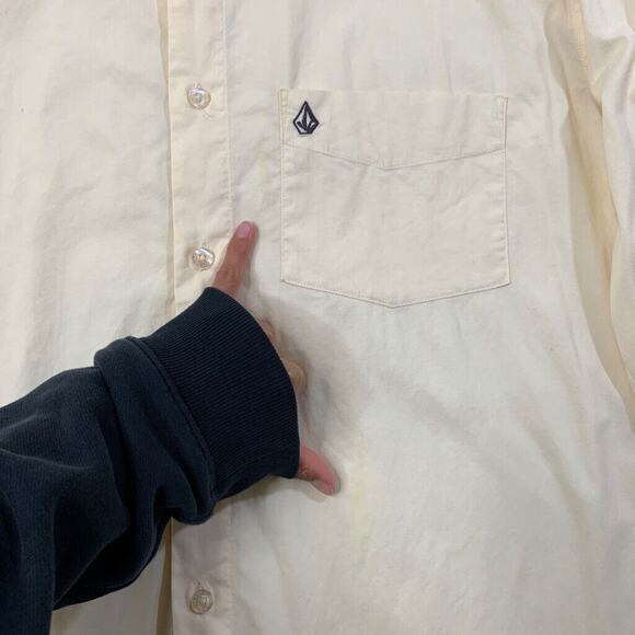 Volcom Shirt Men L Large Cream Cotton Blend Long Sleeve Button Up Tailored Dress - Picture 4 of 9